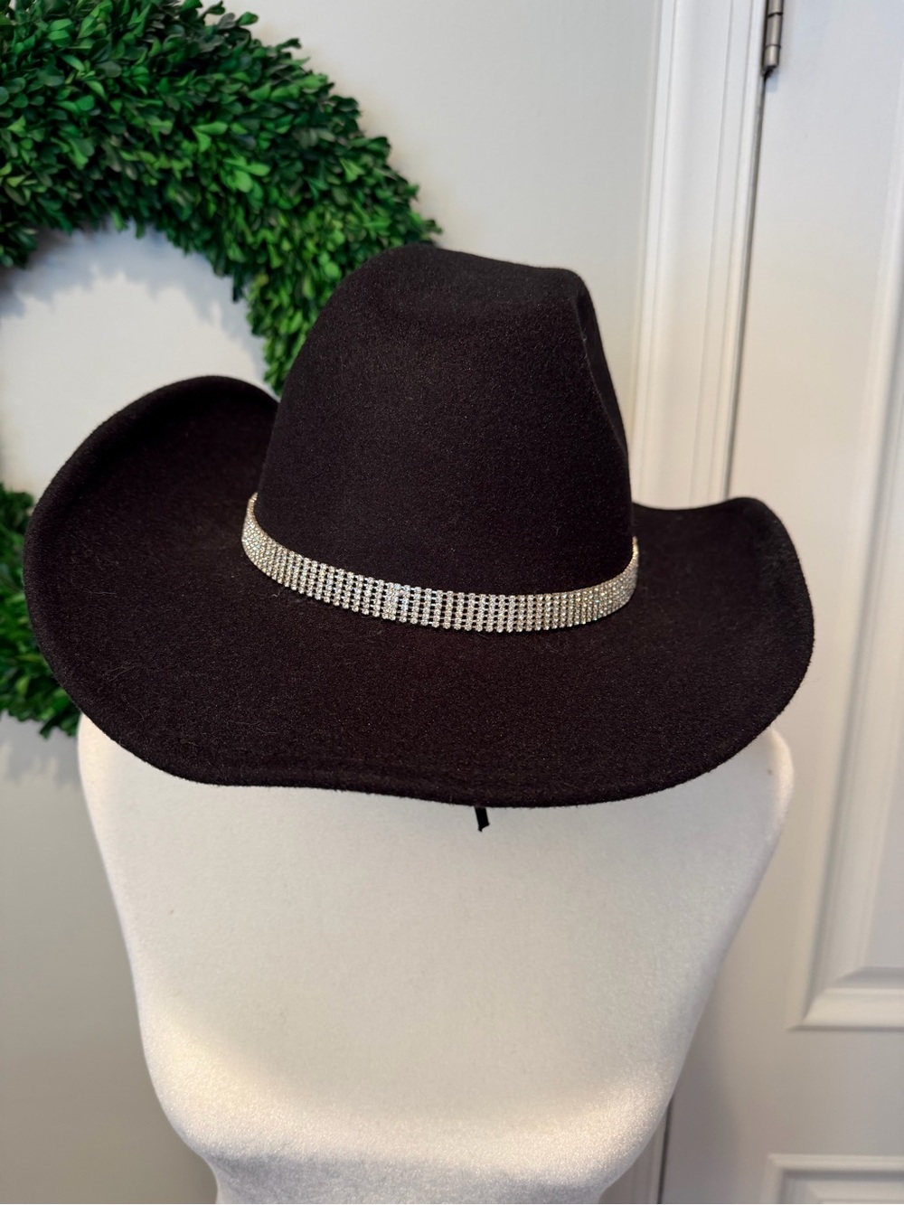 CC- Black Felt Western Hat with Rhinestone Band and stars underneath. EUC